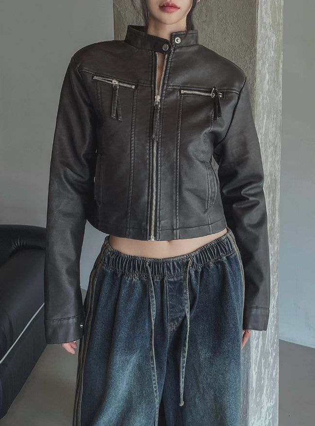 Oul vintage washing biker leather jacket