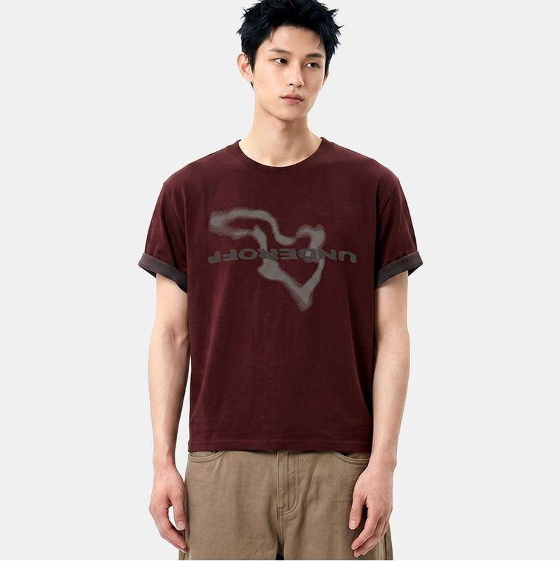 UNDEROFF(アンダーオフ)の「Rolled-Sleeve Cropped Short-Sleeve T-Shirt Geography Burgundy(Tops)」