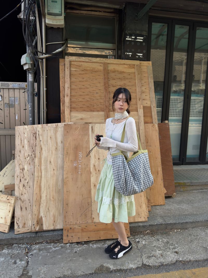 Portrait Reversible Big Shopper Bag (Green&Check)