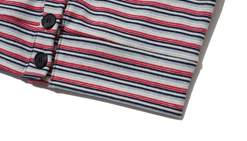 STRIPED HIGH NECK BUTTON CARDIGAN - GRAY