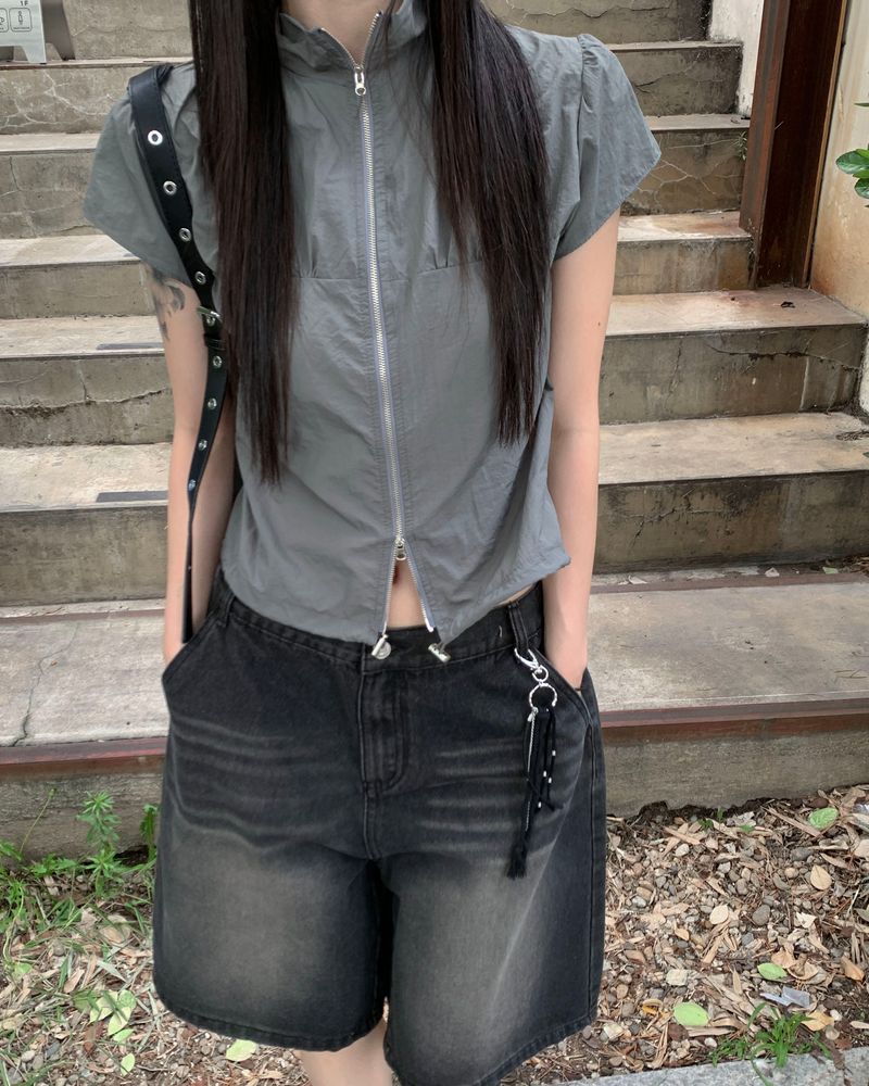 Oil bermuda denim pants