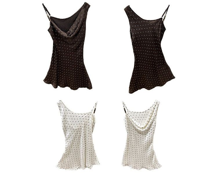 silk dot unbalanced sleeveless blouse top