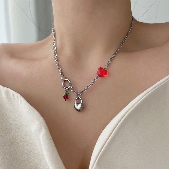 chi Kitchee Cherry Beads Heart Lock Handmade Necklace
