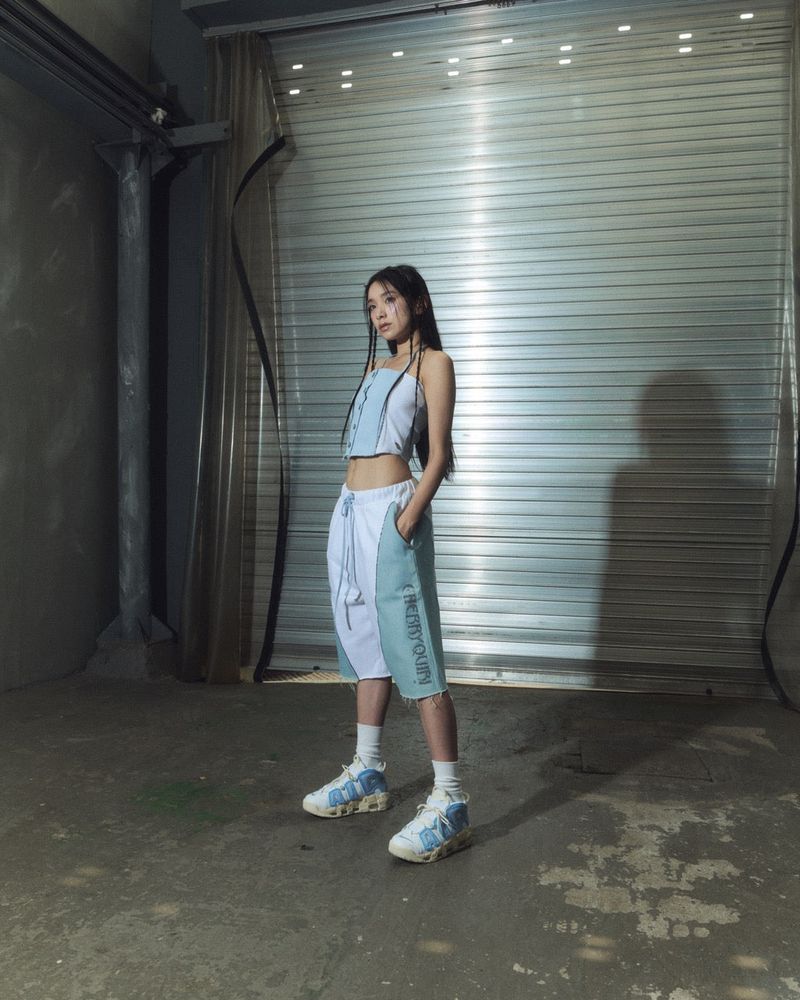 denim combi top - white