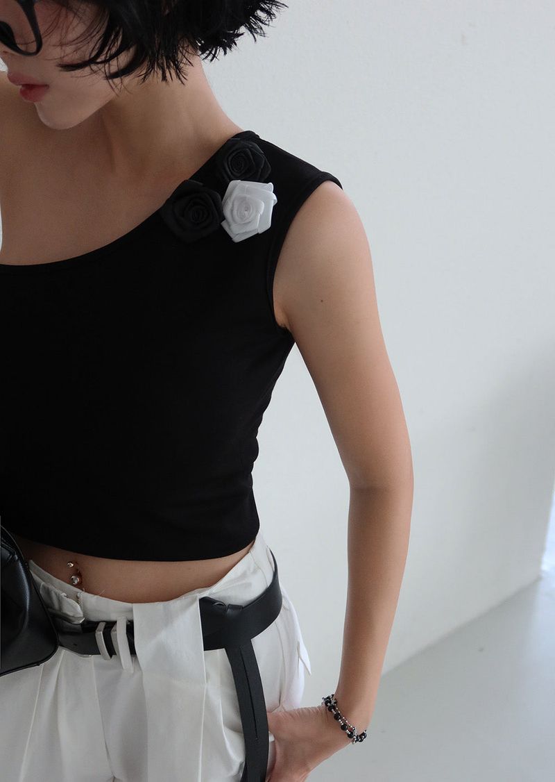 Rose Cosage 3ps Detachable Unbalanced Shoulder Sleeveless