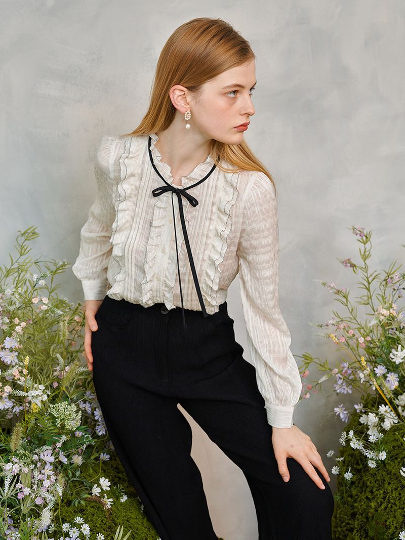 Frill Shirring Ribbon Blouse