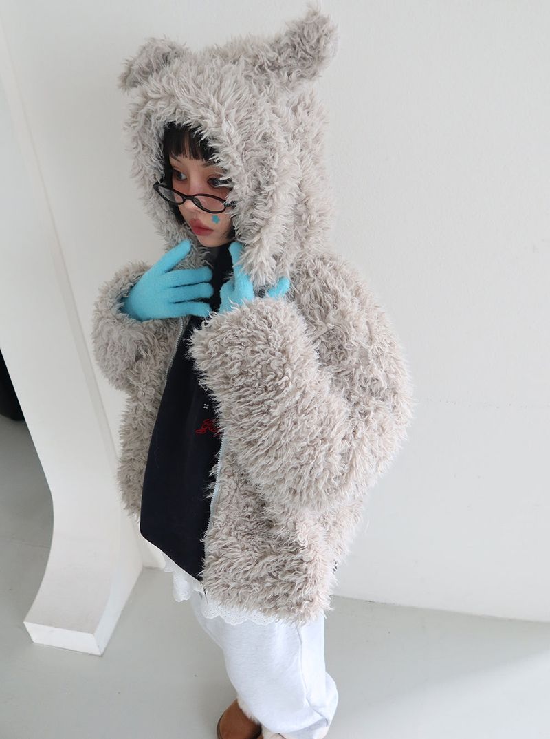 Rabbit ear hood zip-up soft fur jacket