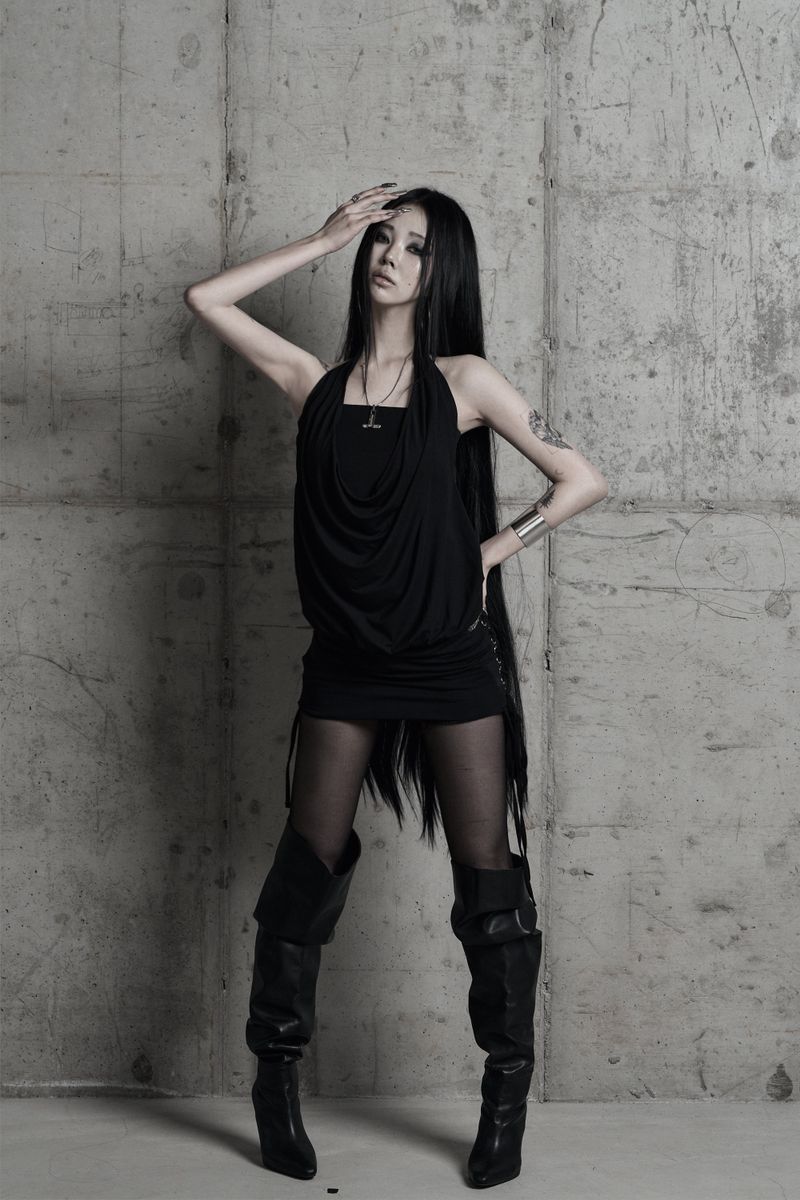 [label] cowl-neck side lace-up one-piece BLACK