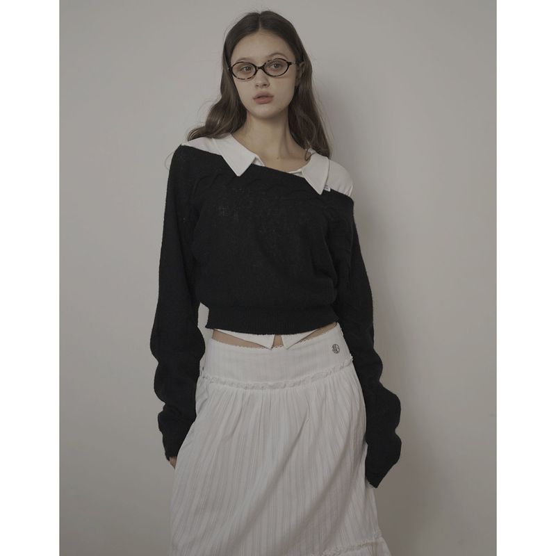 CABLE BOAT NECK KNIT-BLACK