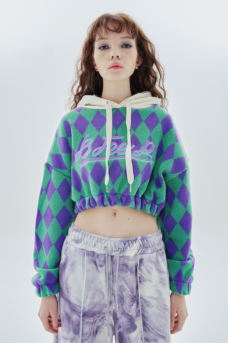 BFEEP(ビーピーピ)の「big logo argyle crop hood_purple&green(Tops)」