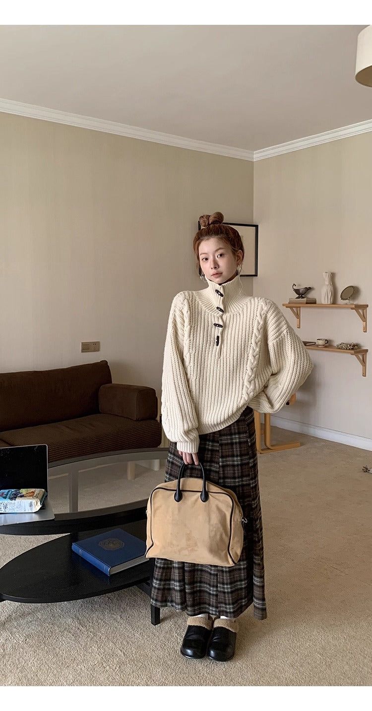 high-neck button bold ribbed loose fit knitwear