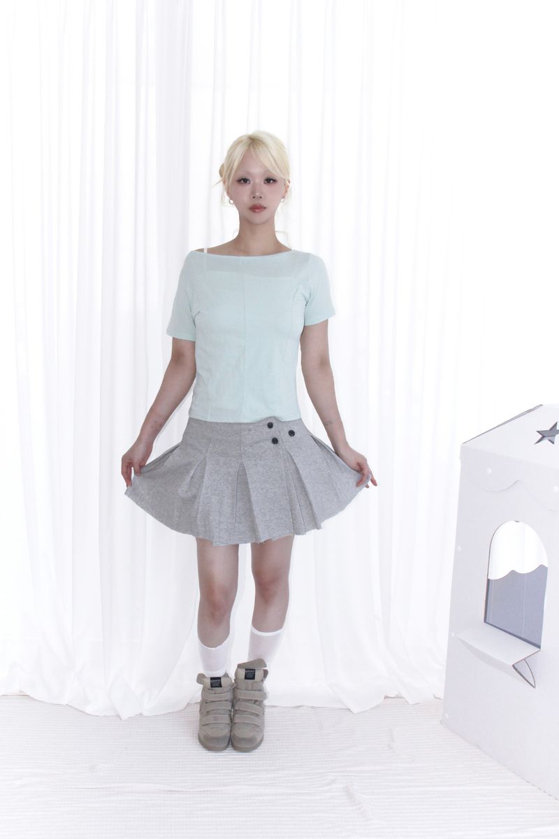BUTTON POINT PLEATED MINI SKIRT (2COLOR)