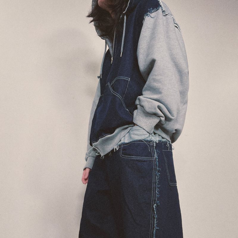 layered deconstructed zip-up hoodie_blue