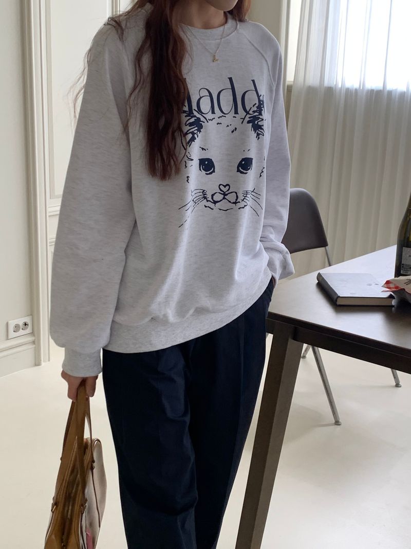 CAT DRAWING SWEATSHIRTS (WHITE MELANGE)