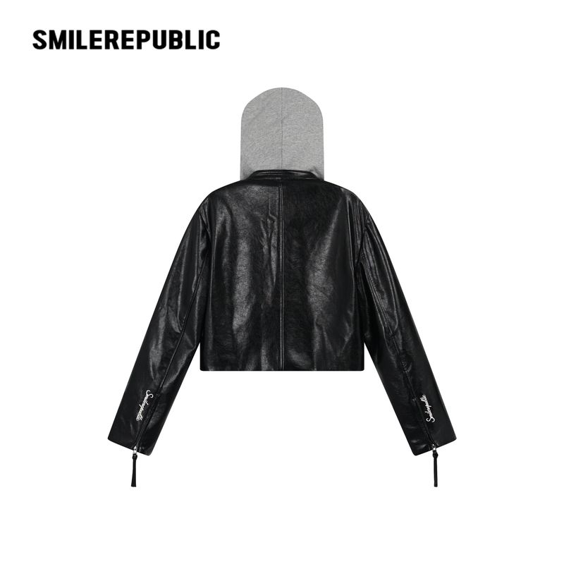 Unisex PU-Coated Faux Leather Cropped Hooded Zip Jacket