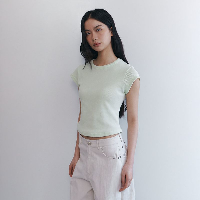 C 90S ラインワッフルベーシックTシャツ_ミント