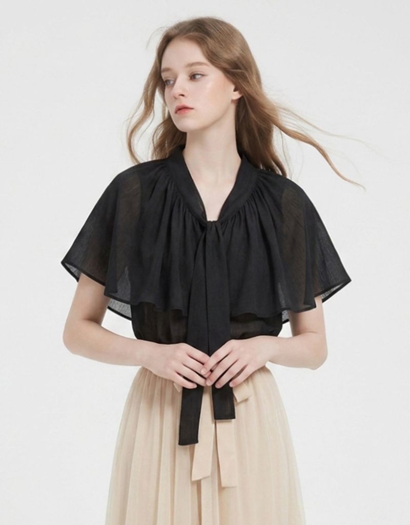 TWEEDY-A（ツウィーディア）の「Leonie V-Neck Cape Tie Button Blouse Black（Tops）」