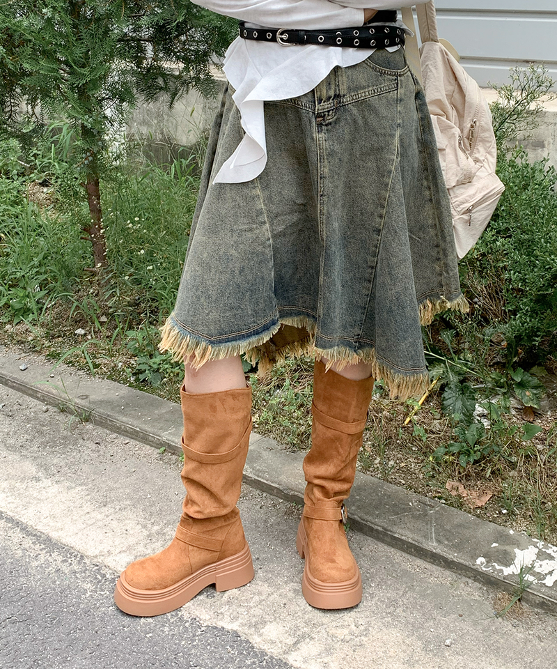 line suede buckle slouch long bootS