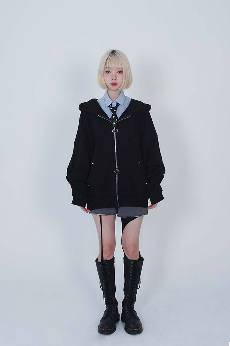 2WAY LOGO TWIST STUD HOOD ZIP-UP_BLACK