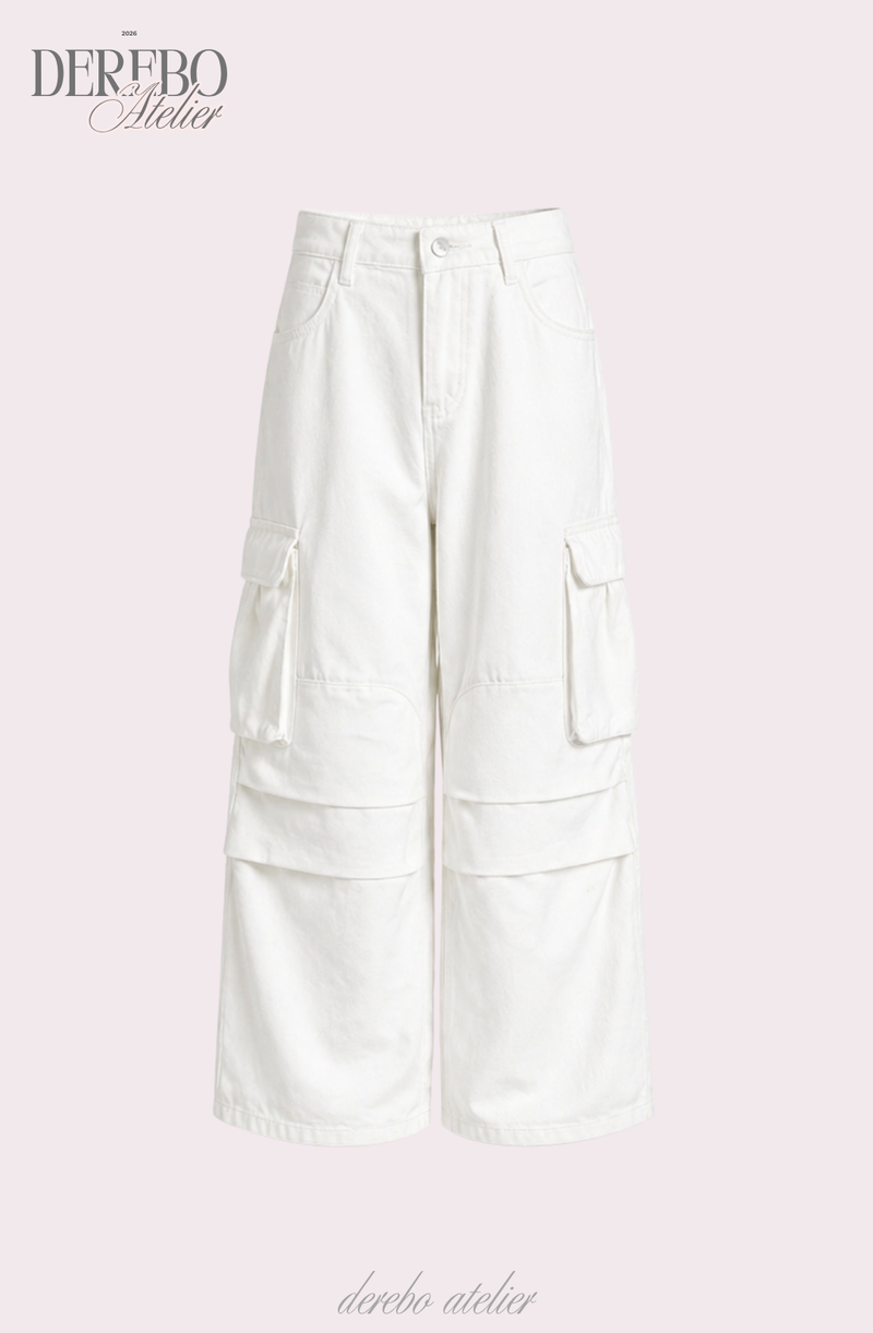 white wide pocket cotton casual pants