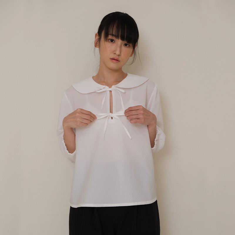 White Seersucker Ribbon Blouse