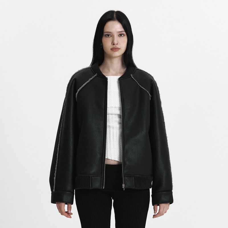 C LINE TRIM FAUX SHEARLING JACKET_BLACK