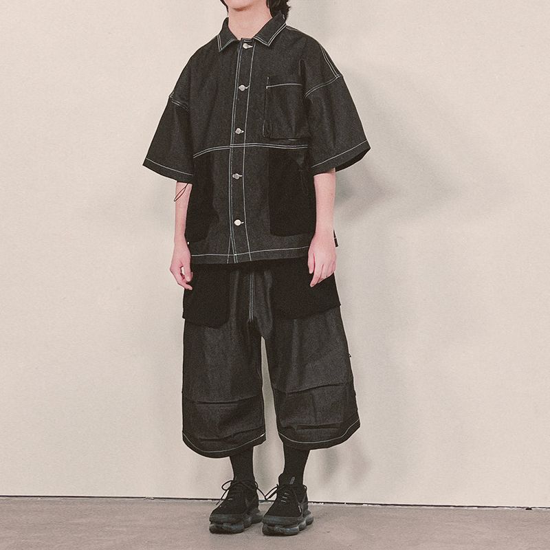 reverse terry pocket denim shortsleeve shirt_black
