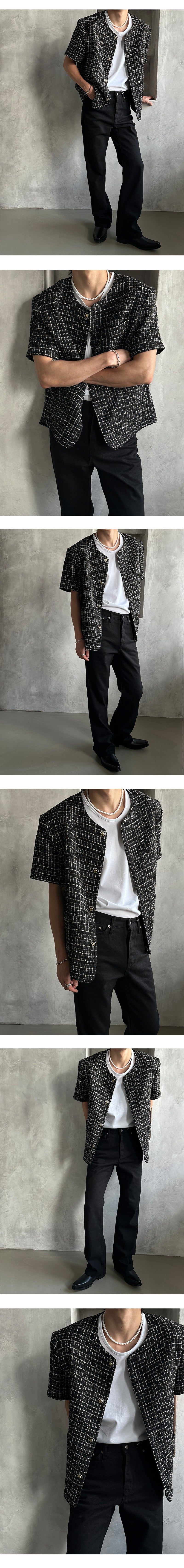 [S/S] Round neck half tweed jacket (2color)