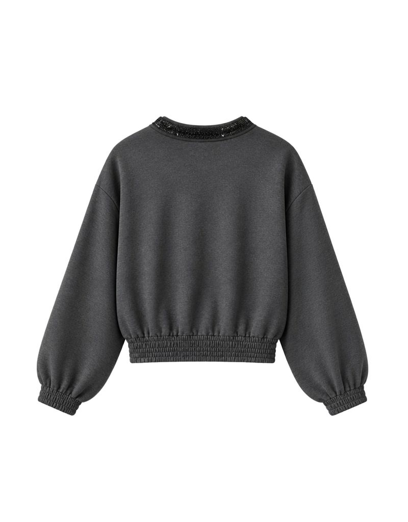 Muse Sequin Ribbon Cropped Zip-Up Charcoal