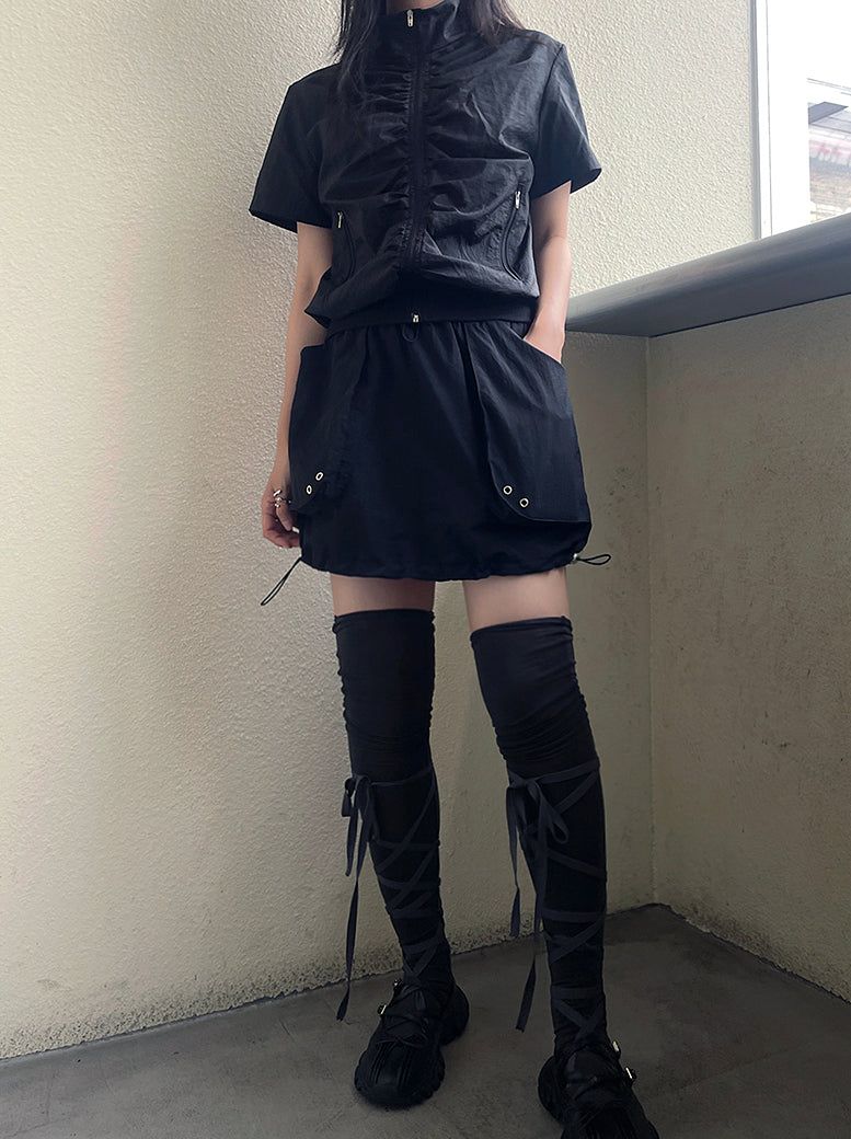 Wind high neck shirring short-sleeved jumper