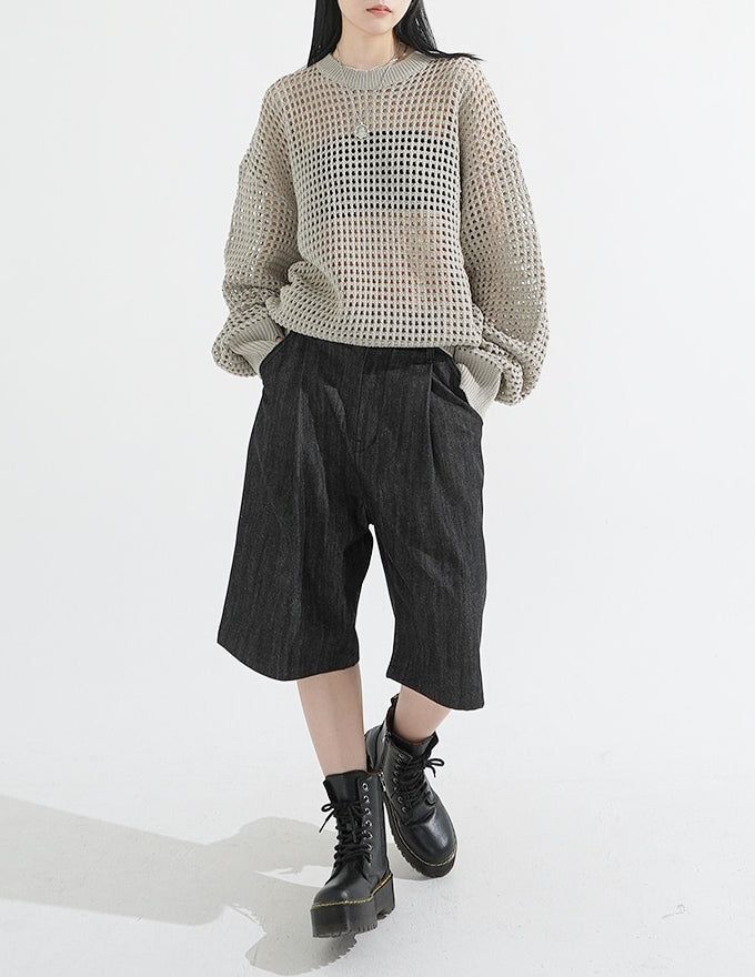 Pintuck Wide Raw Denim Bermuda Pants