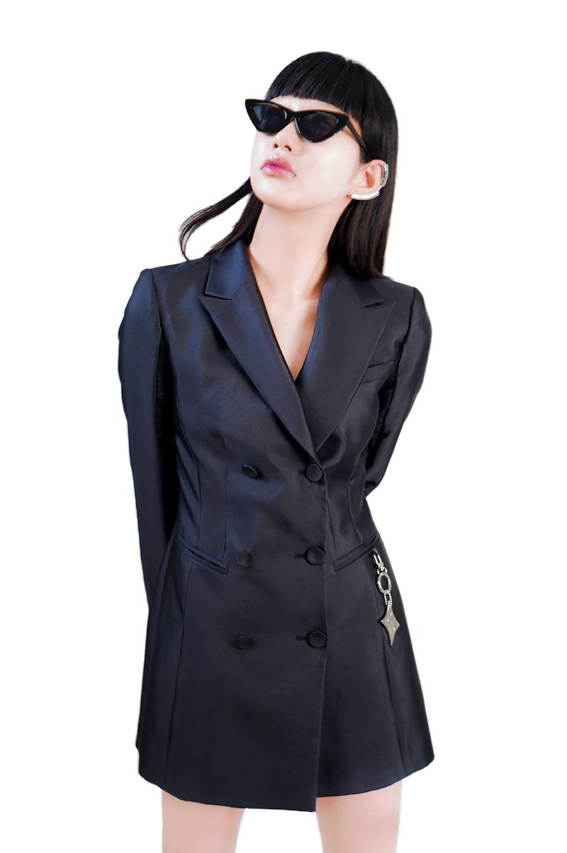 WOOL-SILK DOUBLE BREASTED JACKET WITH METAL TAG