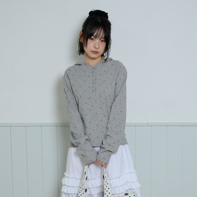 FLOWER WAFFLE BUTTON HOODIE - GRAY