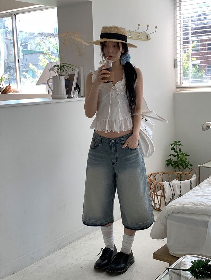 TEXTURE WIDE BERMUDA JEANS