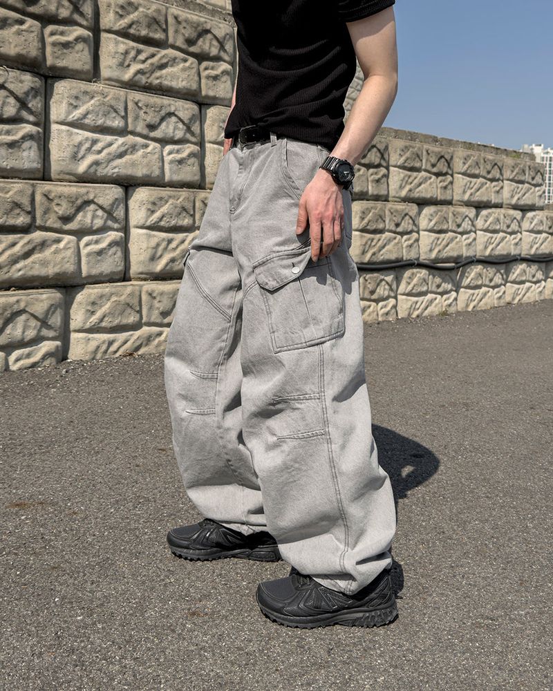 Bion Gray Wash Cargo Denim Pants
