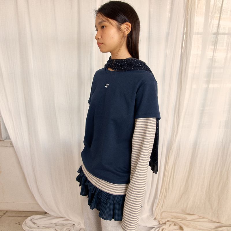 Sunlit（サンリット）の「LOGO LAYERED STRIPE TEE (DARK NAVY)（Tops）」