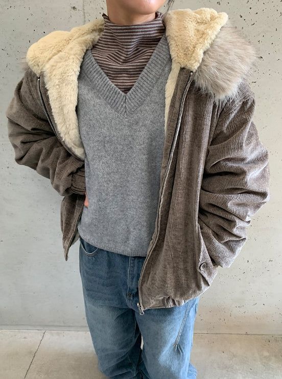 Tiken Herringbone Wool Hood Fur Jacket