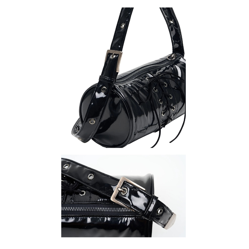 2WAY BELTED STRAP BARREL BAG SMALL_GLOSSY BLACK