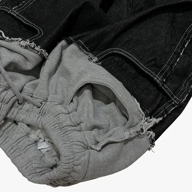 layered deconstructed denim capri shorts_black