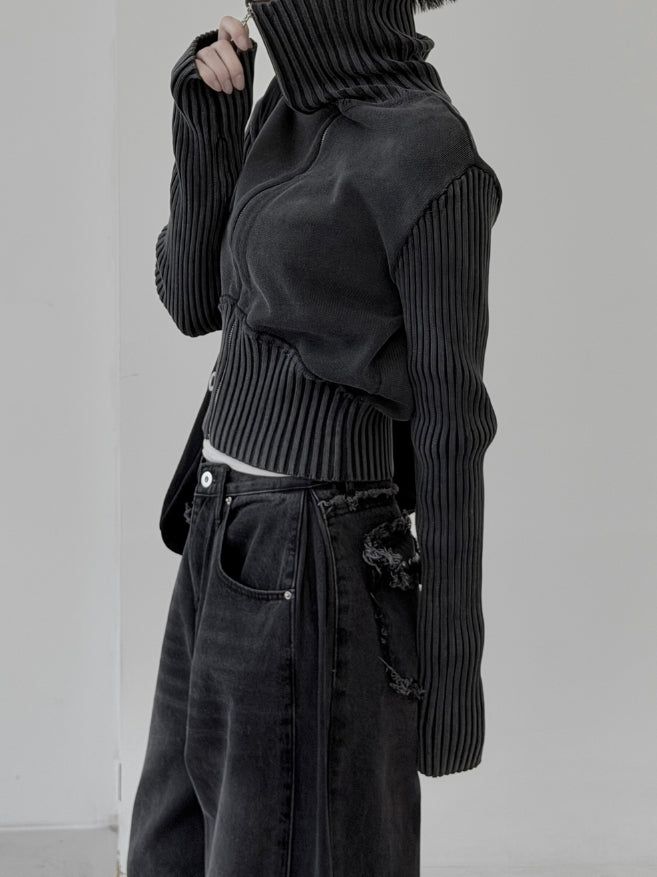 Hard high-neck washed knit zip-up