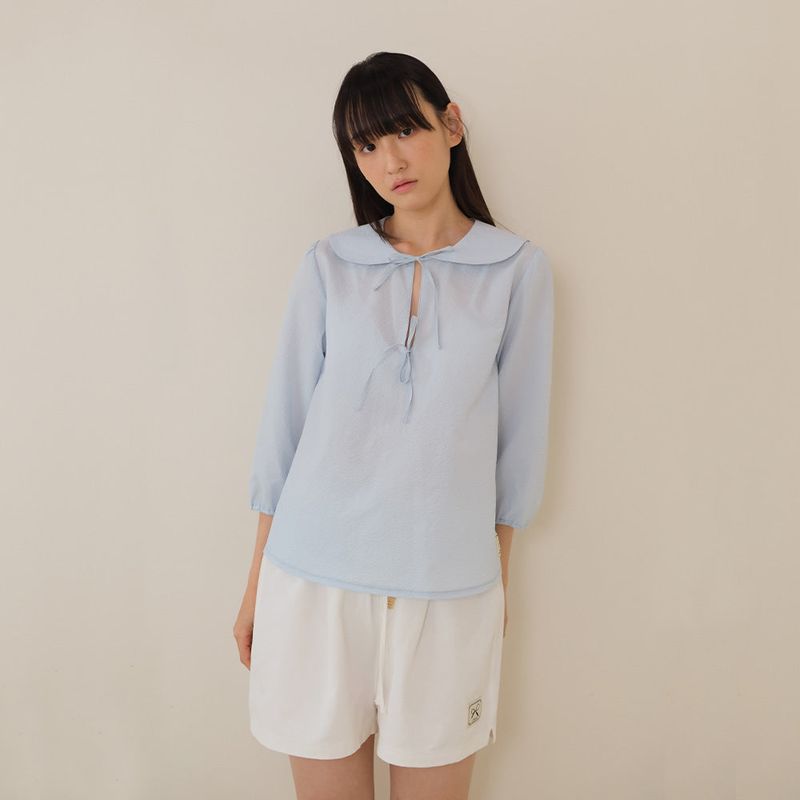 Sky Blue Seersucker Ribbon Blouse