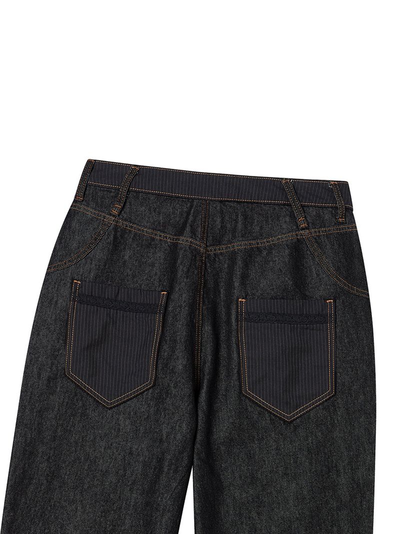 LACE ROLL UP DENIM PANTS BLACK