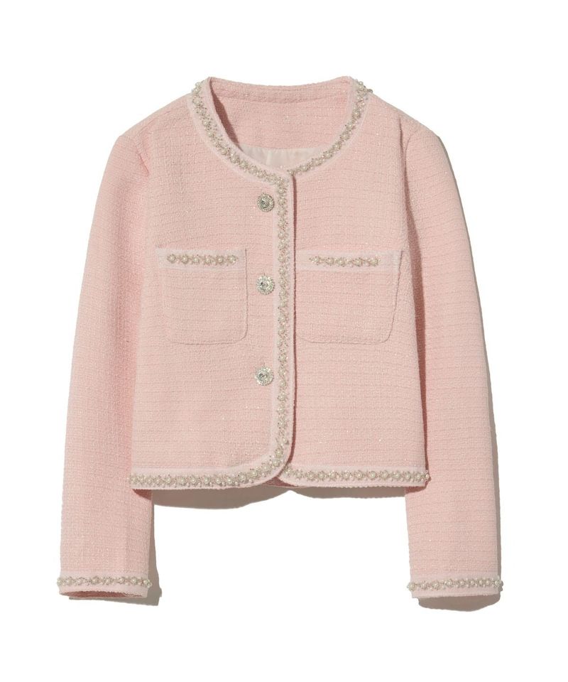 85-VIVAJ049 Line Beads Crop Tweed Jacket Pink