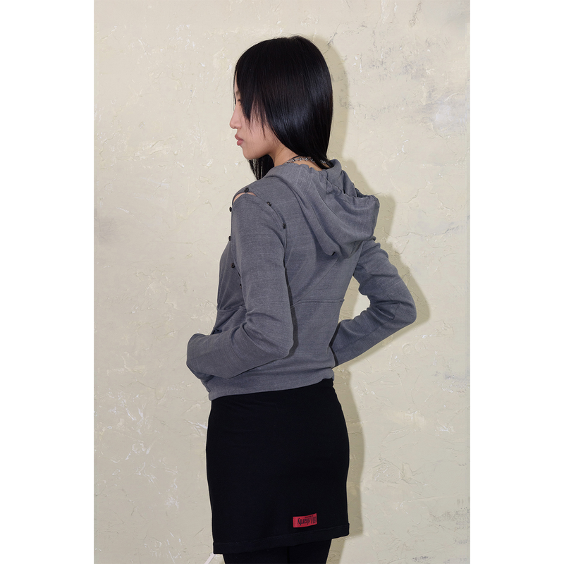 SLEEVE-OFF SHIRRING HOODIE