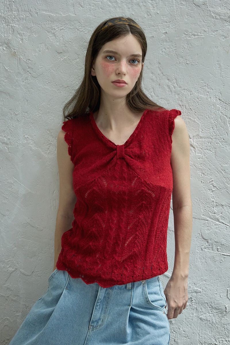 Ribbon sleeveless knit_red