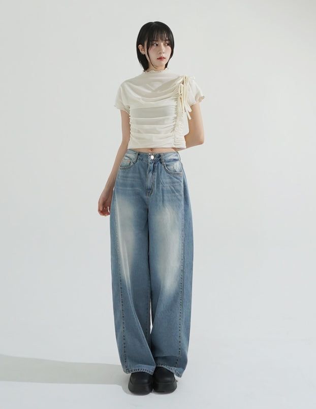 Side folding wide fit denim pants