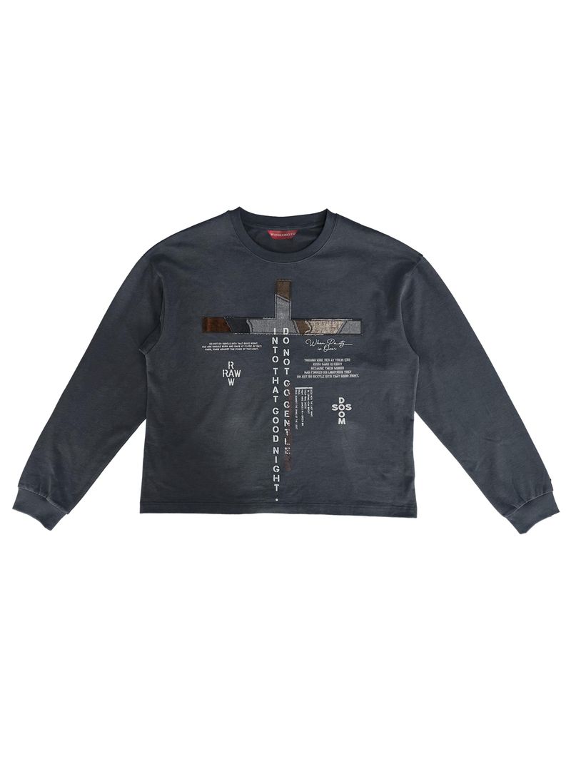 WANGXINGYU（ワンシンユー）の「FLOCKED DENIM PATCHWORK EMBROIDERY TEXT PRINT WASHED AND DISTRESSED LONG SLEEVE T-SHIRT（Tops）」