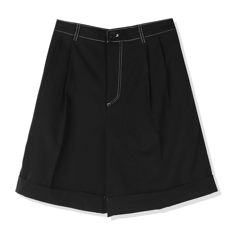STITCH WIDE TURN UP HALF PANTS BLACK