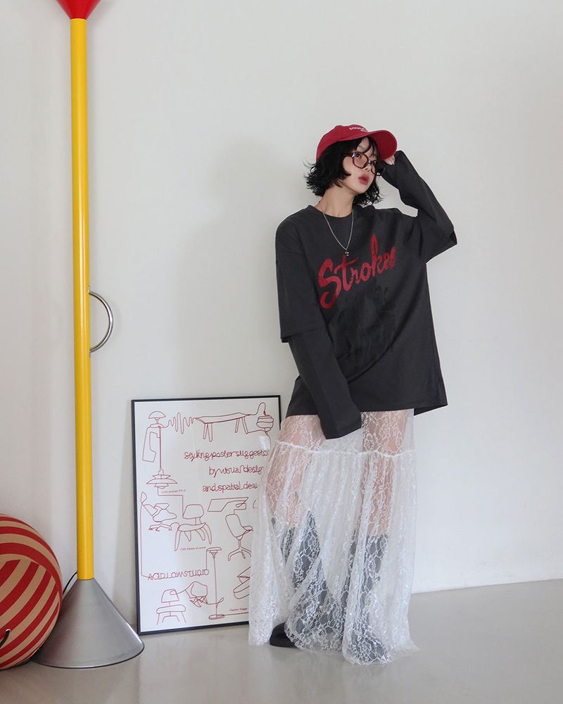 lace see-through flare layered maxi long skirt