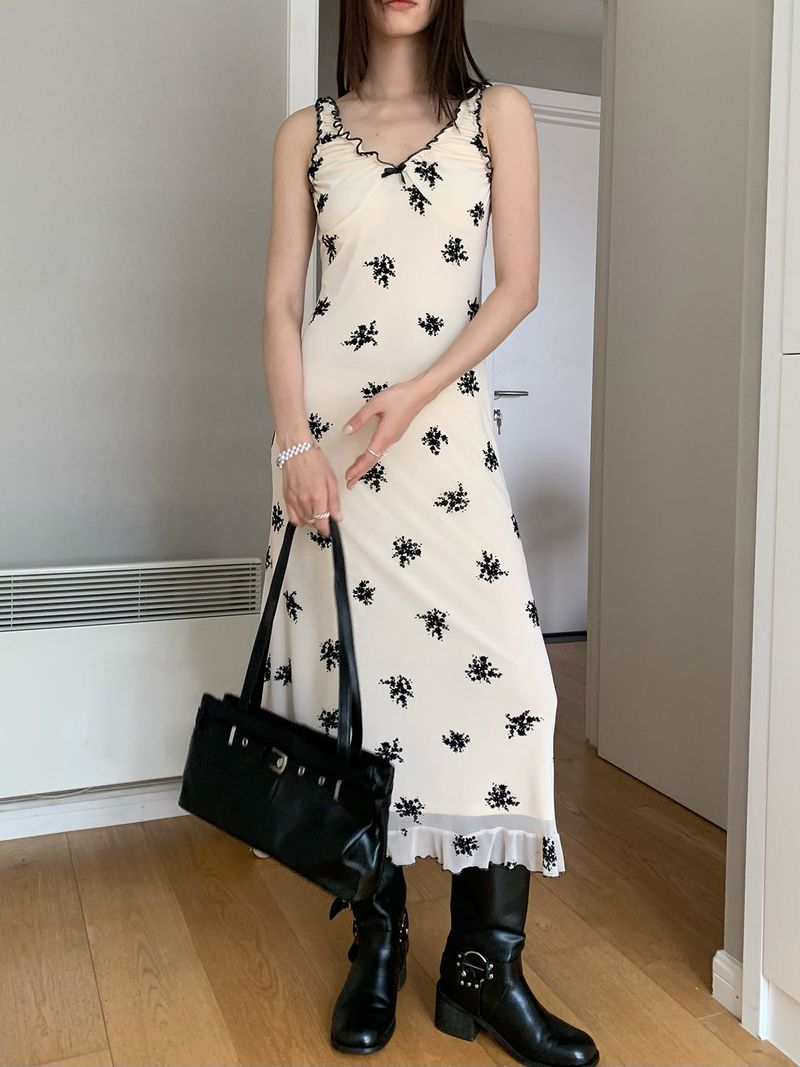 Beige Black Flower Long Dress
